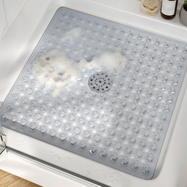 Square Clear Shower Mat, Non-Slip, Suction Cups, Soft, Washable