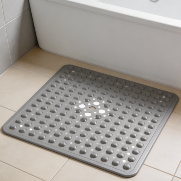 Square Clear Grey Shower Mat, Large Suction Cups, Fast-Dry, BPA-Free, Washable