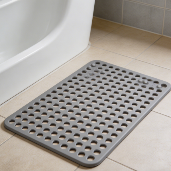 Soft Grey Non-Slip Bath Mat, Quick-Dry Drain Holes, for Tub, Floor & Tile