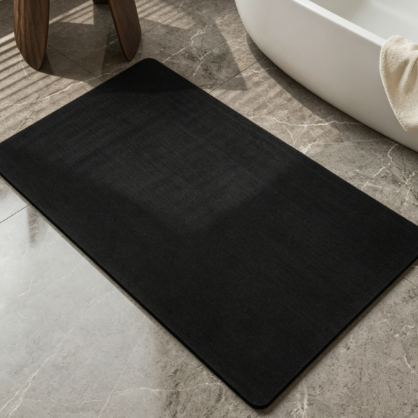Thin Rubber Bath Mat Black, Faux Suede Surface, Ultra-Absorbent, Quick-Dry, Fits Under the Door
