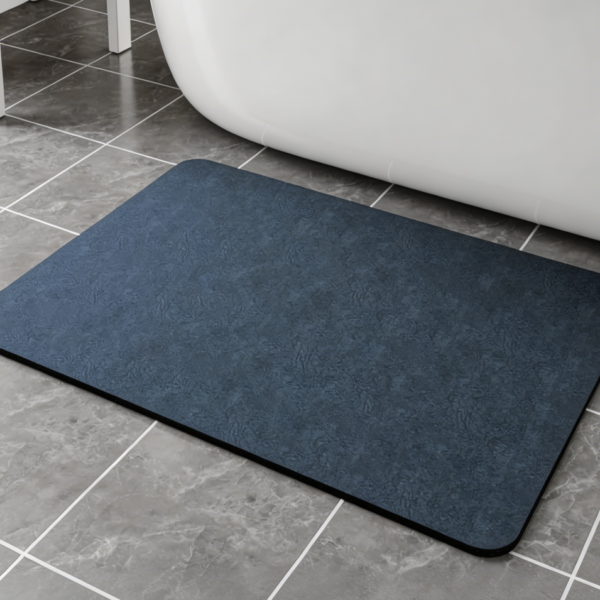 Thin Rubber-Backed Diatomaceous Earth Bath Mat Navy, Quick-Dry, Absorbent, Non-Slip, Fits Under the Door