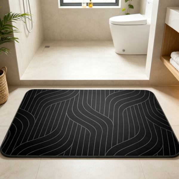 Thin Black Diatomaceous Earth Bath Mat, Non-Slip, Quick-Dry, Absorbent