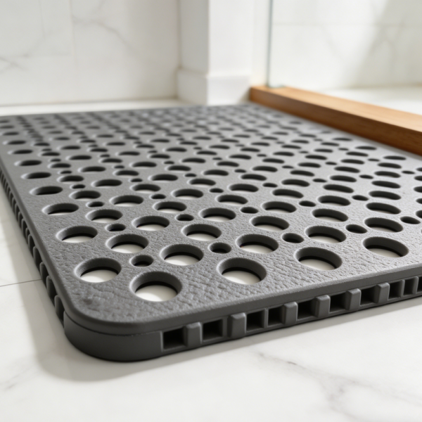 Soft Grey Non-Slip Bath Mat, Quick-Drain Suction Cups