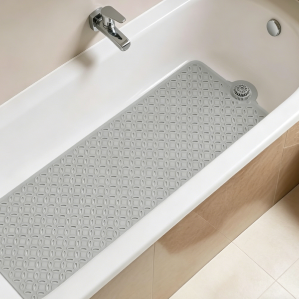 Grey Non-Slip Bath Mat with Integrated Hair Catcher, Large Drain Holes, Washable